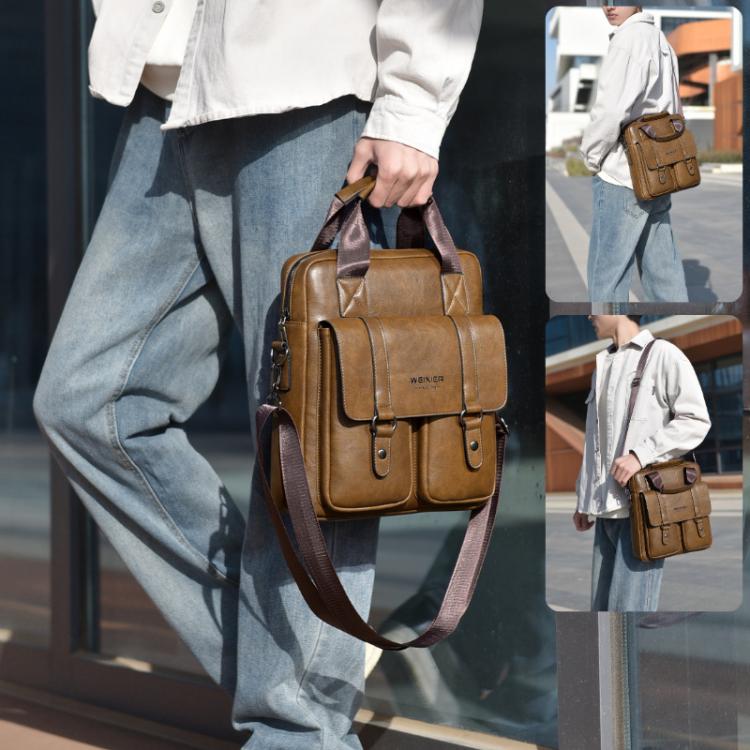 Brown PU messenger bag with flap, front buckles, and wide adjustable crossbody strap