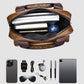Brown PU messenger bag interior with zipper opening and organized document pockets