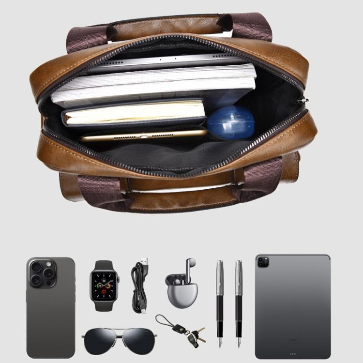 Brown PU messenger bag interior with zipper opening and organized document pockets