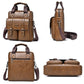 Brown PU messenger bag shown from multiple angles with flap, front pockets, and crossbody strap