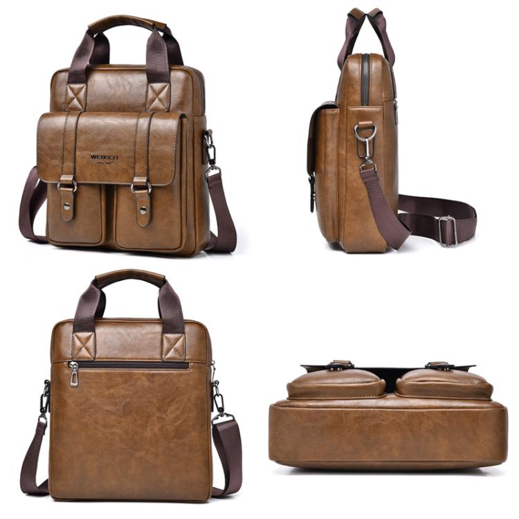 Brown PU messenger bag shown from multiple angles with flap, front pockets, and crossbody strap