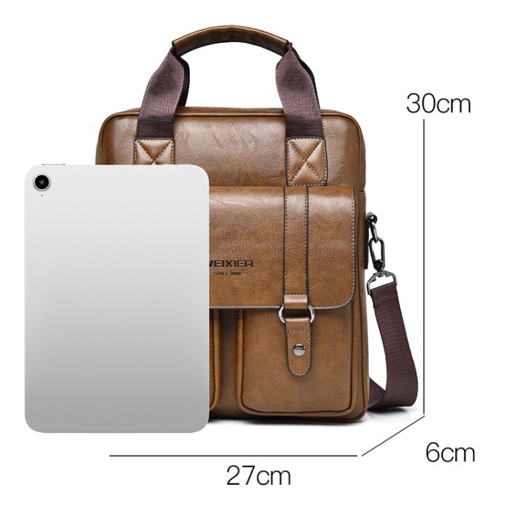 Brown PU messenger bag with quilted front flap, front pockets, and adjustable shoulder strap
