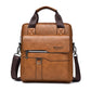 Light brown men's vertical PU leather messenger bag with flap, front zipper pocket, and crossbody strap