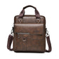 Deep brown men's vertical PU leather messenger bag with flap, front zipper pocket, and crossbody strap