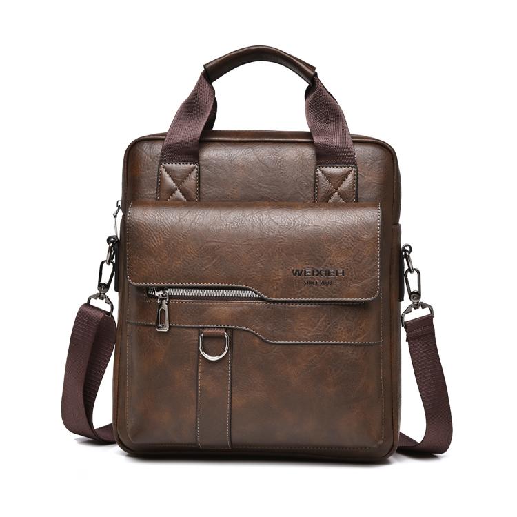 Deep brown men's vertical PU leather messenger bag with flap, front zipper pocket, and crossbody strap