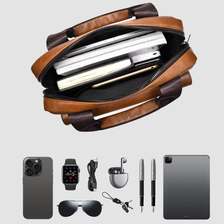Brown messenger bag open to show storage compartments and interior organization
