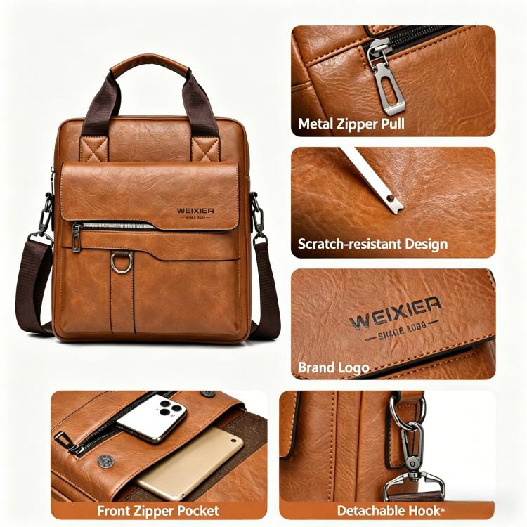 Brown messenger bag with metal zipper pull, front zipper pocket, and detachable hook