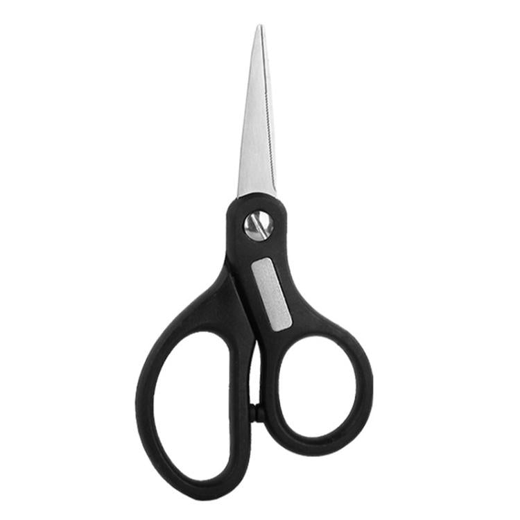 Black multifunctional fishing line cutter with hook sharpening tip and oval finger grips