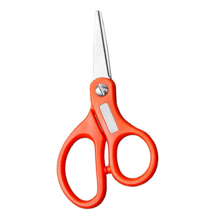 Orange multifunctional fishing line cutter with hook sharpening tip and oval finger grips