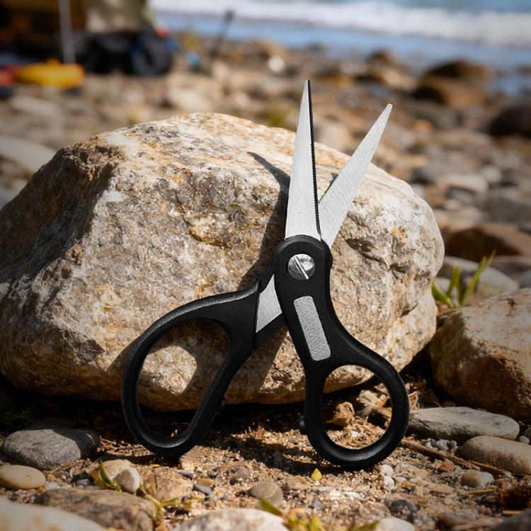 Black multifunctional fishing line cutter with two blades and oval finger grips