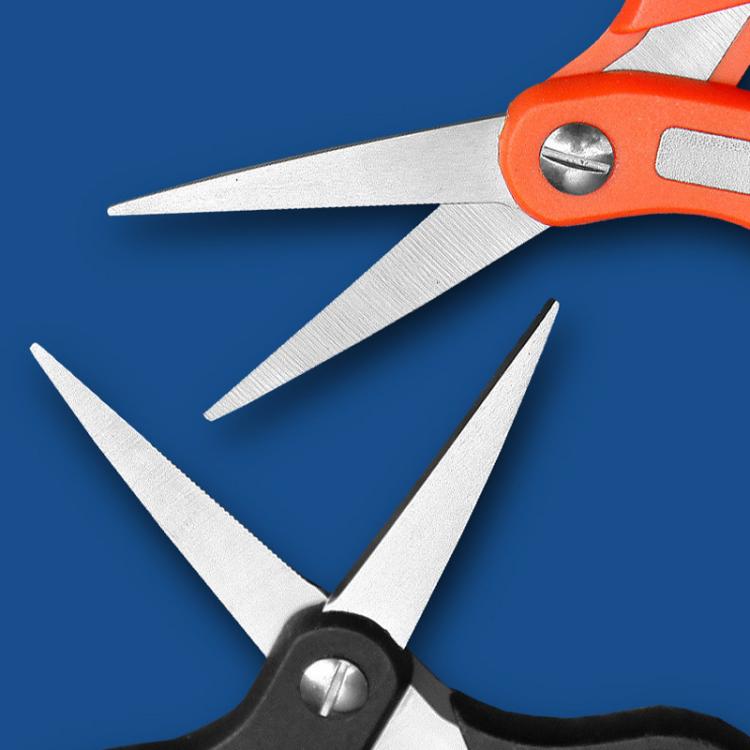 Orange and black fishing line cutter showing serrated lower blade and sharp tips