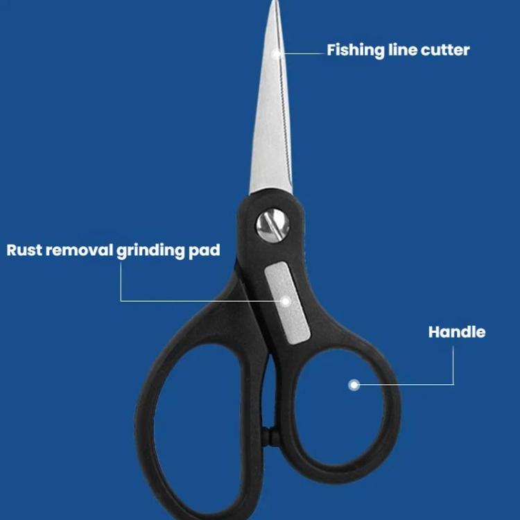 Black fishing line cutter with blade, handle, and rust-removal grinding pad detail
