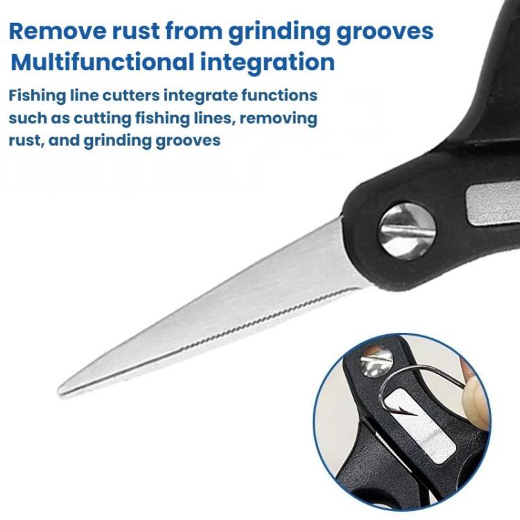 Black fishing line cutter with sharp blade and integrated hook/sharpening area
