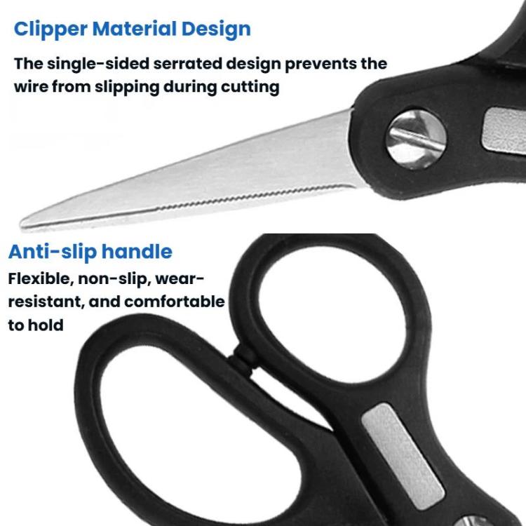 Black fishing line cutter with serrated cutting blade and anti-slip handle loops