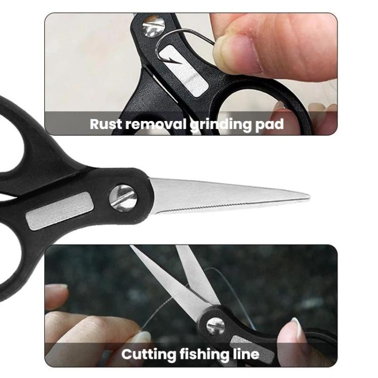 Black fishing line cutter with grinding pad and cutting blade close-up in hand