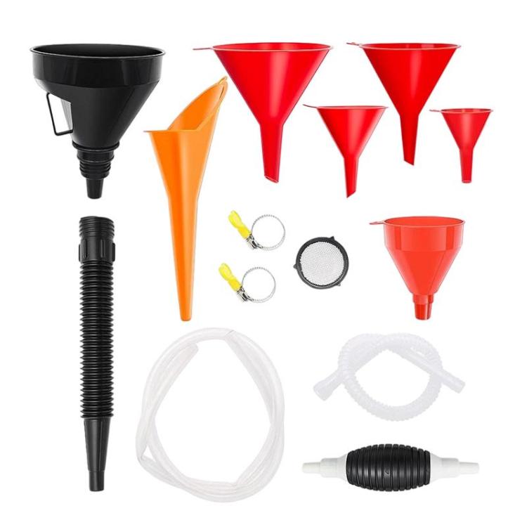 Fuel funnel and oil siphon tool kit with multiple colored funnels and clear hose
