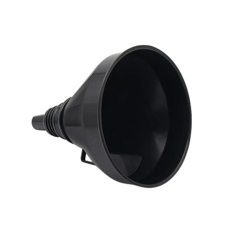 Black wide-mouth fuel funnel with threaded hose connection