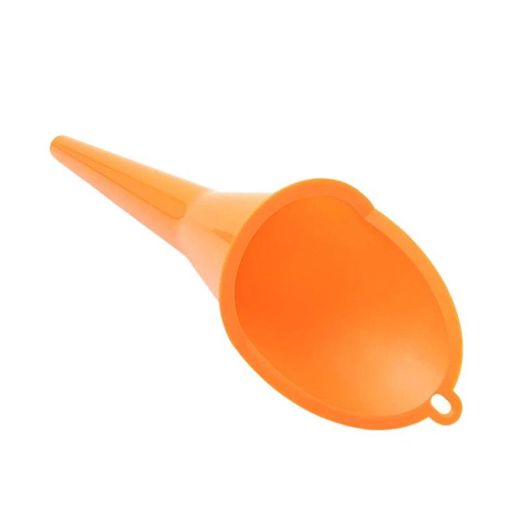 Orange wide-mouth fuel funnel with small spout and hanging hole