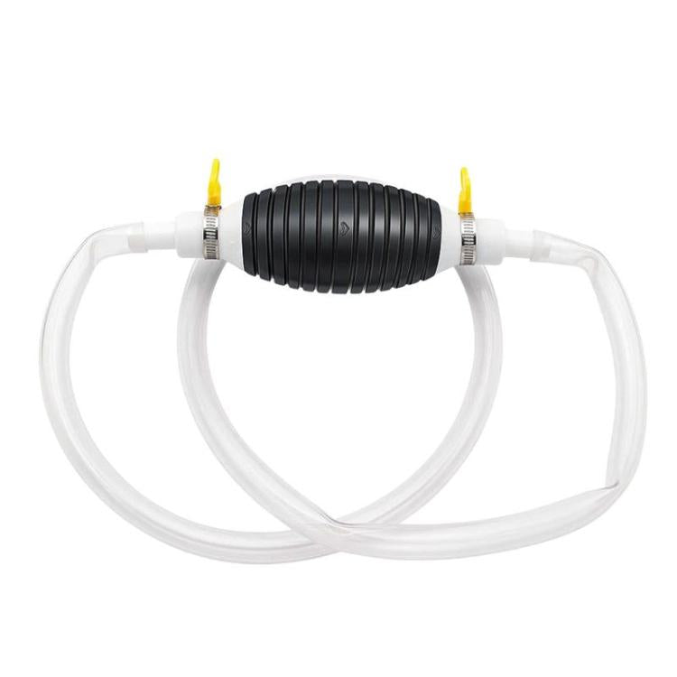 Clear siphon hose with black ribbed hand pump and small yellow check valves