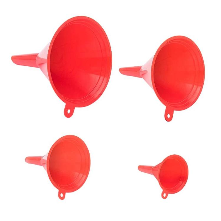 Set of red fuel funnels in four sizes with spouts and hanging loops