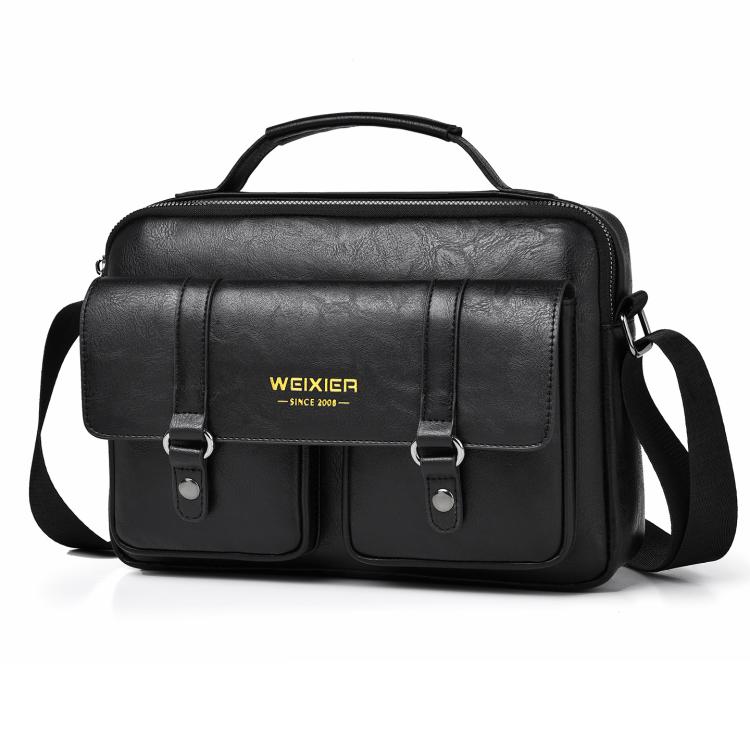Black men’s horizontal messenger bag with top handle and adjustable shoulder strap