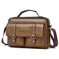 Light brown men’s horizontal messenger bag with front flap pockets and shoulder strap