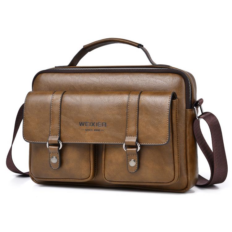 Light brown men’s horizontal messenger bag with front flap pockets and shoulder strap