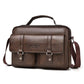 Deep brown men’s horizontal messenger bag with double front buckle pockets