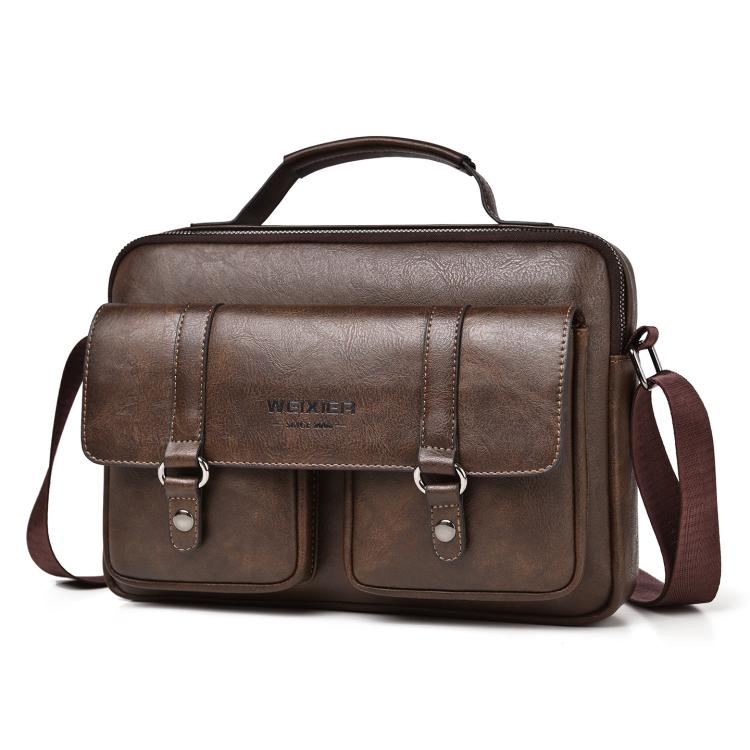 Deep brown men’s horizontal messenger bag with double front buckle pockets