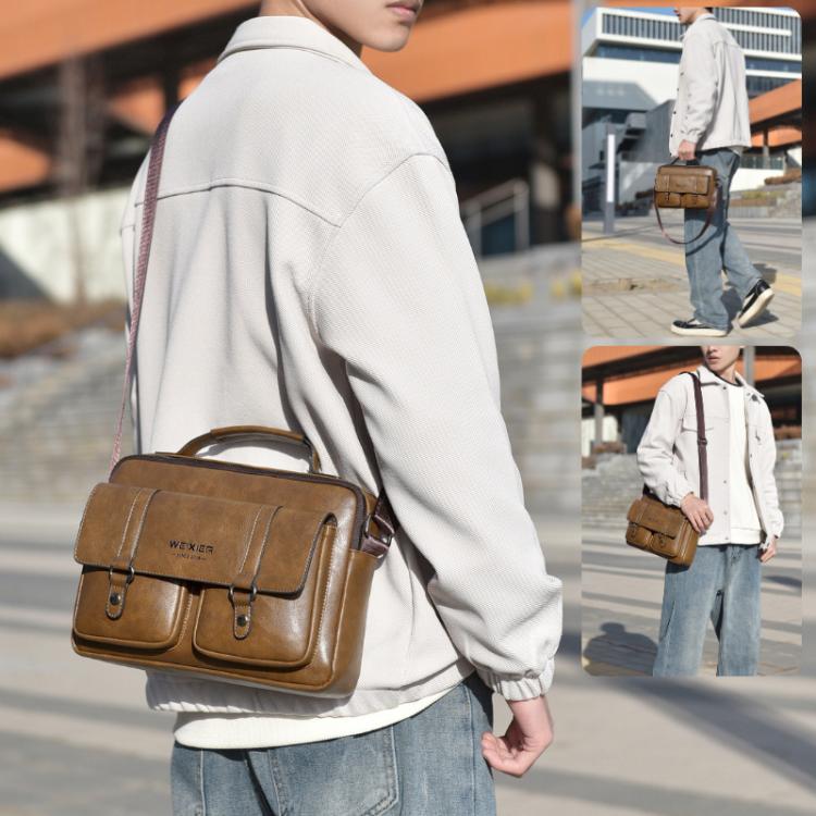 Brown men’s messenger bag worn crossbody with front flap and adjustable strap