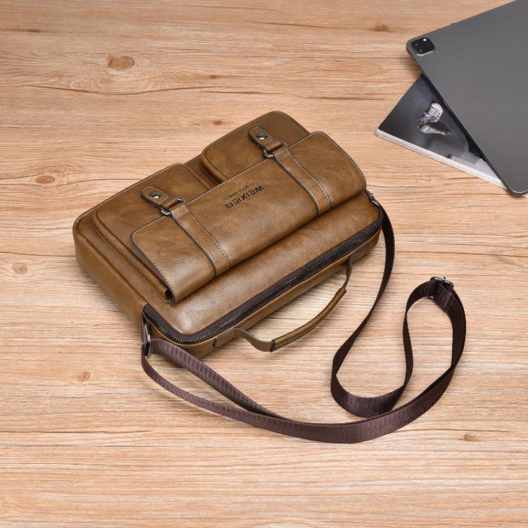 Brown PU leather messenger bag with front buckle flap and wide zip closure