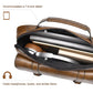Brown horizontal messenger bag open to show main compartment and padded interior