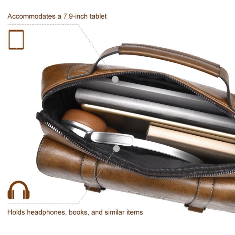 Brown horizontal messenger bag open to show main compartment and padded interior