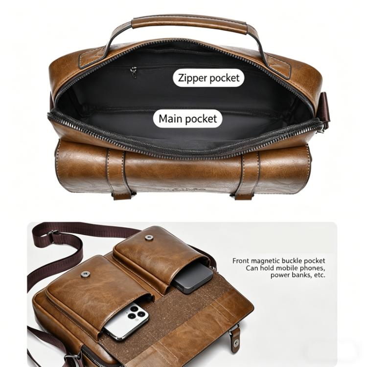 Brown messenger bag interior view with zip pocket and main compartment layout
