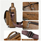 Brown messenger bag detail close-up: front ring, brand logo, metal zipper pull