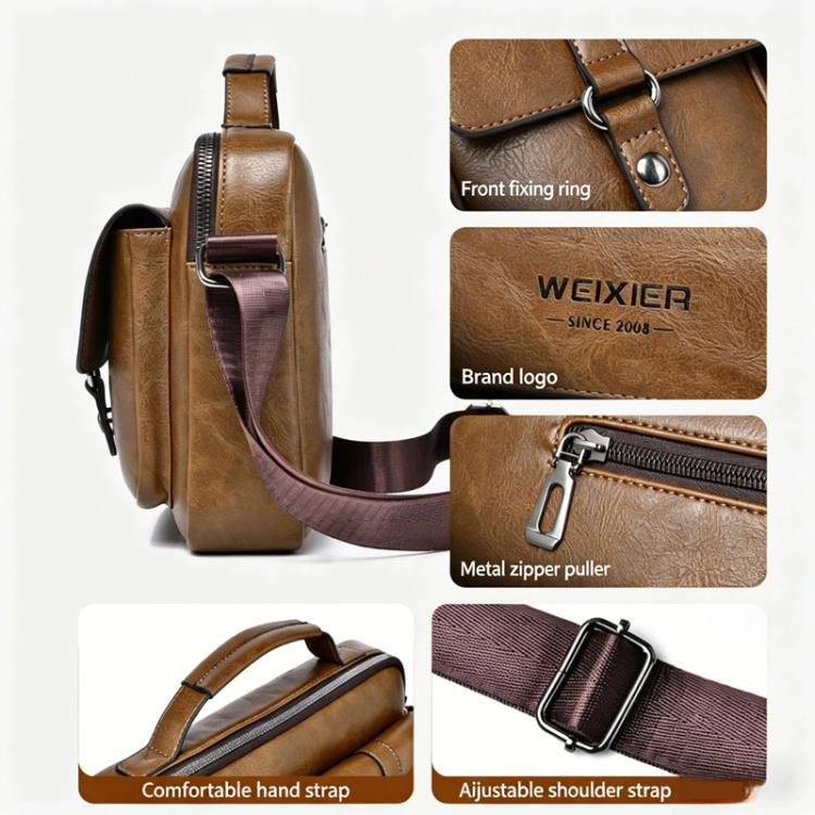 Brown messenger bag detail close-up: front ring, brand logo, metal zipper pull