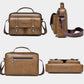 Brown men’s messenger bag shown front, back, and side angles with top handle