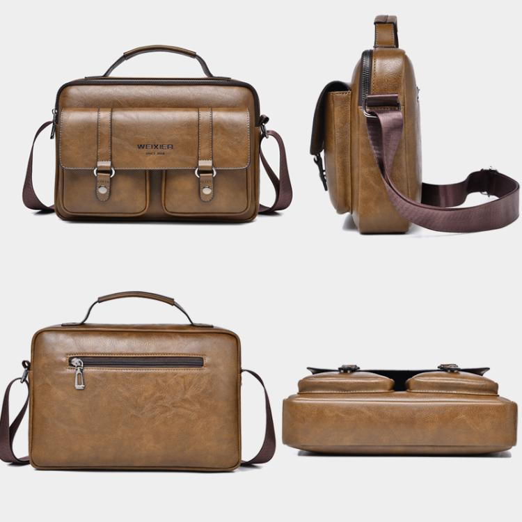 Brown men’s messenger bag shown front, back, and side angles with top handle