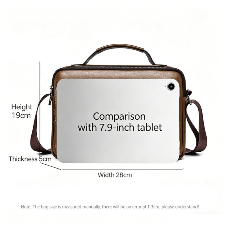 Brown horizontal messenger bag with zip-top opening and side width dimensions shown