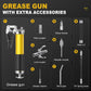 Grease gun kit with extra accessories: nozzles, hoses, and lock coupler