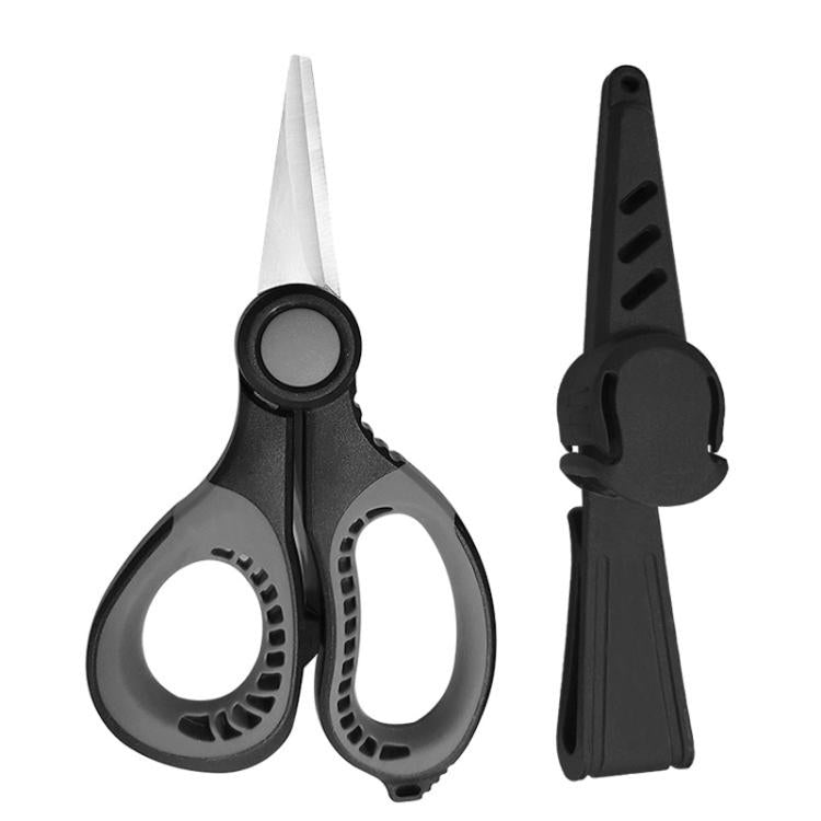 Black and gray fishing line cutting scissors with serrated blades and loop handles