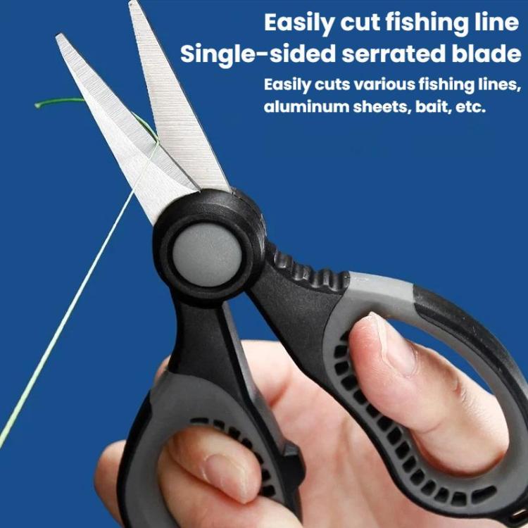 Black and gray scissors with single-sided serrated blade for cutting fishing line