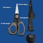 Black and gray fishing shears with serrated blade, hook-grinder tip, and safety sleeve