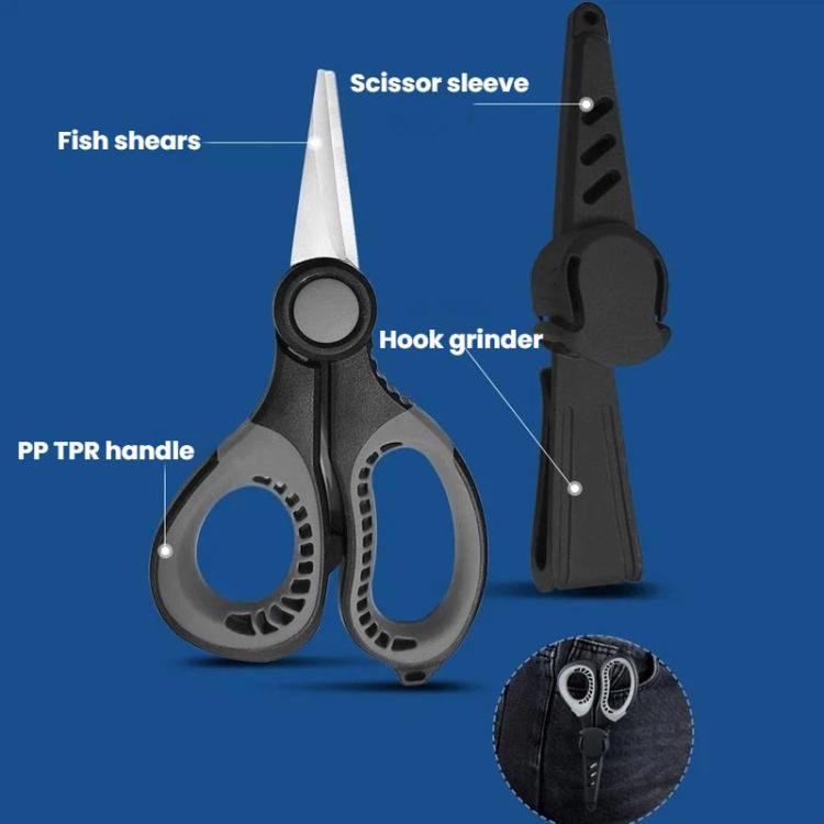 Black and gray fishing shears with serrated blade, hook-grinder tip, and safety sleeve