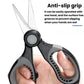 Black and gray fishing scissors with serrated blade and anti-slip finger grip pads