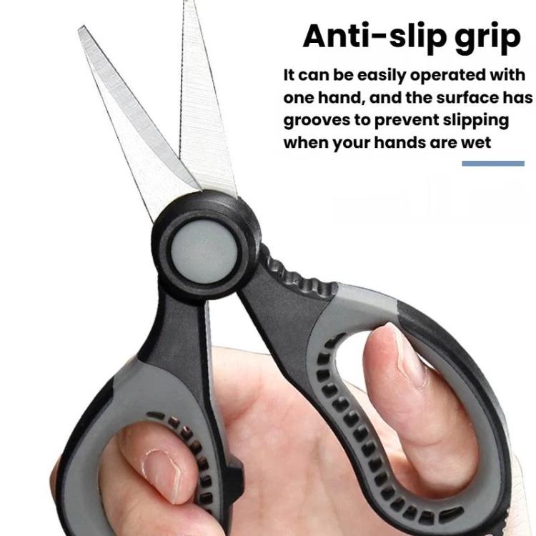 Black and gray fishing scissors with serrated blade and anti-slip finger grip pads