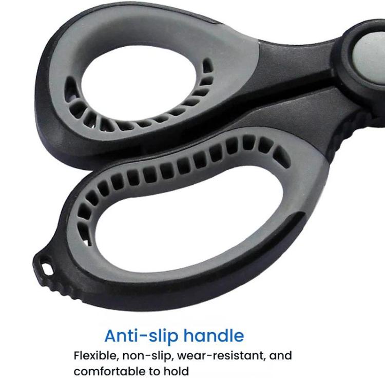 Black and gray handle grips with finger holes on fishing line cutting scissors