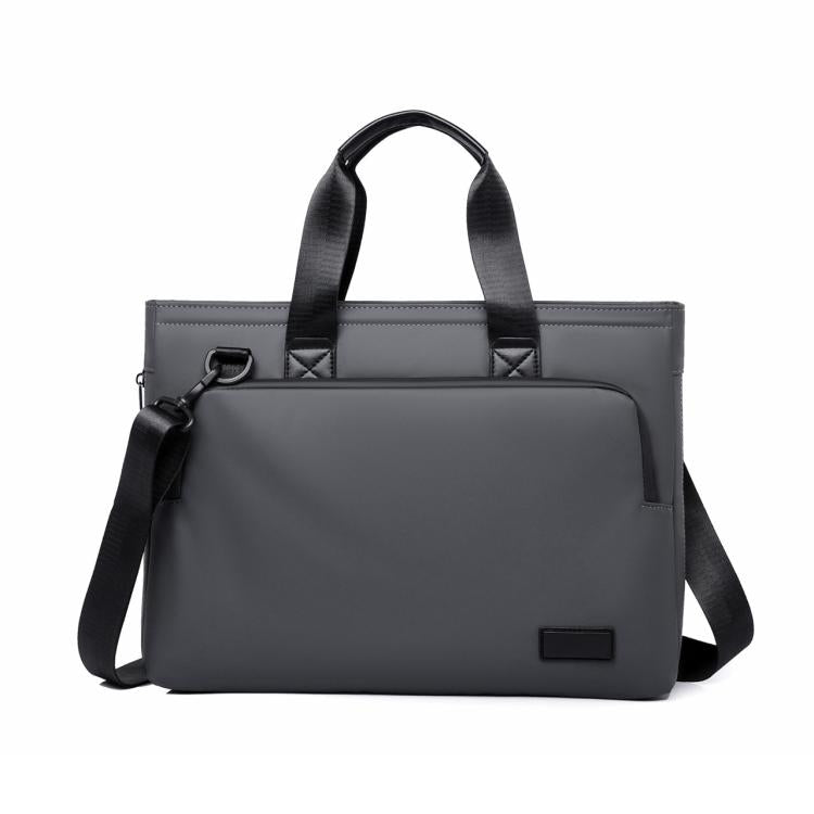 Gray expandable laptop briefcase bag with top handle and shoulder strap