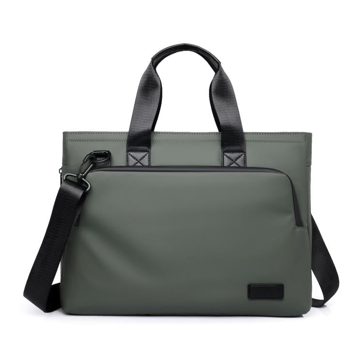 Green expandable men’s laptop briefcase with top handle and shoulder strap
