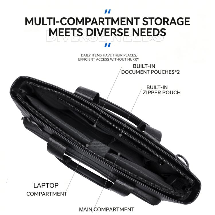 Black briefcase bag with multi-compartment storage and laptop compartment